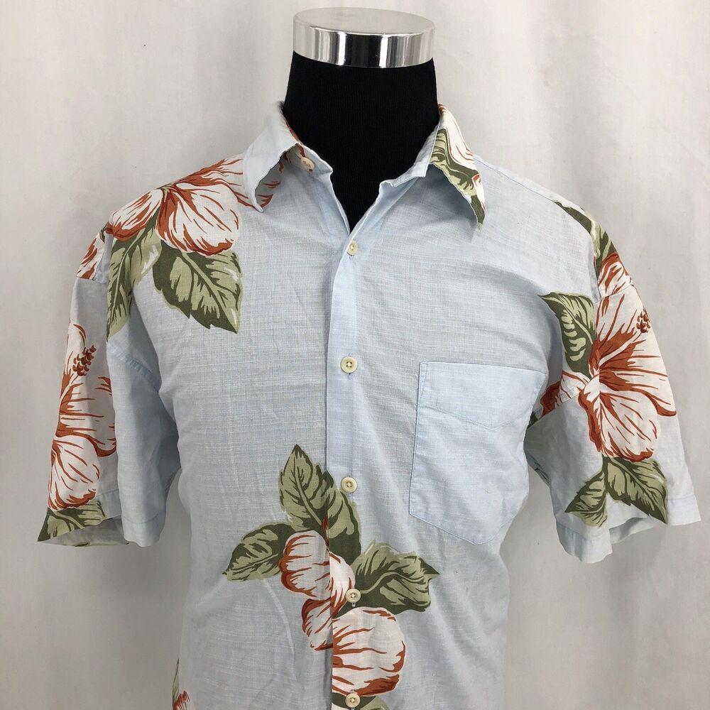 NAUTICA Hibiscus Floral Tropical Leaves Blue Button Up Hawaiian Shirt XL TTT9
